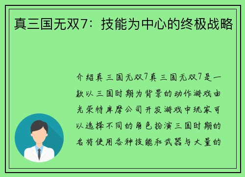 真三国无双7：技能为中心的终极战略