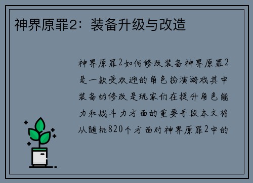 神界原罪2：装备升级与改造